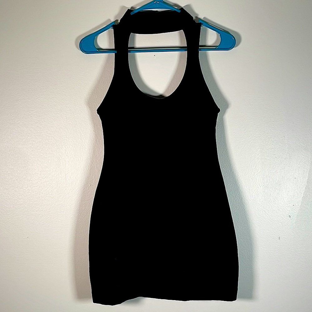 Free People Black Mini Bodycon Dress with Scoop Back and Choker Neck
